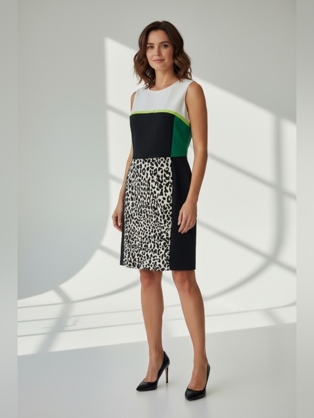 Calvin Klein Sleeveless Black Green Leopard Dress